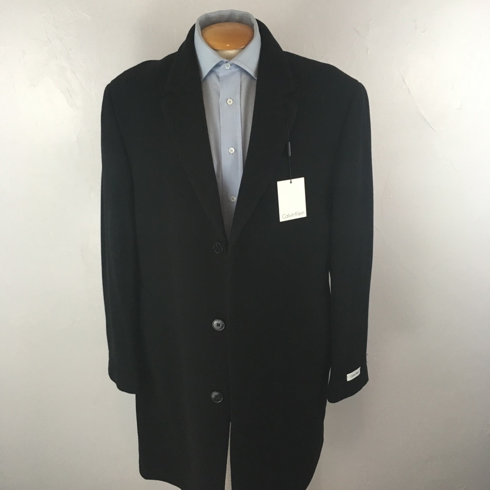 New Calvin Klein mens overcoat topcoat solid black nwt classic wool 48L ea0361